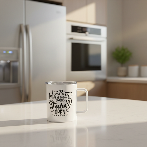 White mug with black text on a white background