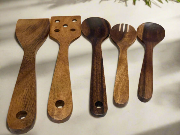 Set of  5 Acacia Wood Salad Server and Cooking Utensils