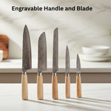 Set of five knives with wooden handles on a kitchen counter.