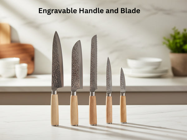 Set of five knives with wooden handles on a kitchen counter.
