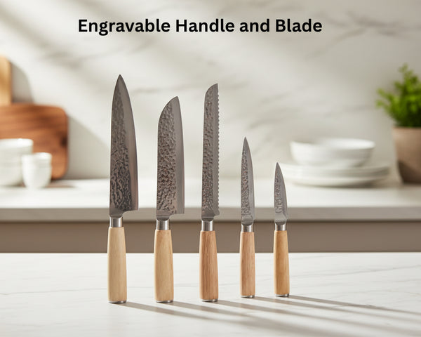 Set of five knives with wooden handles on a kitchen counter.