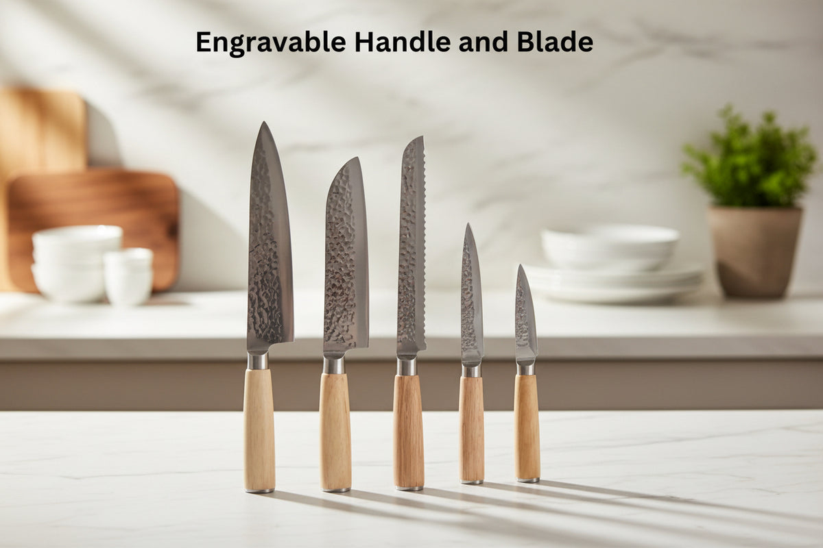Set of five knives with wooden handles on a kitchen counter.
