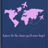 Navy blue planner with pink world map and airplane illustrations on a dark background