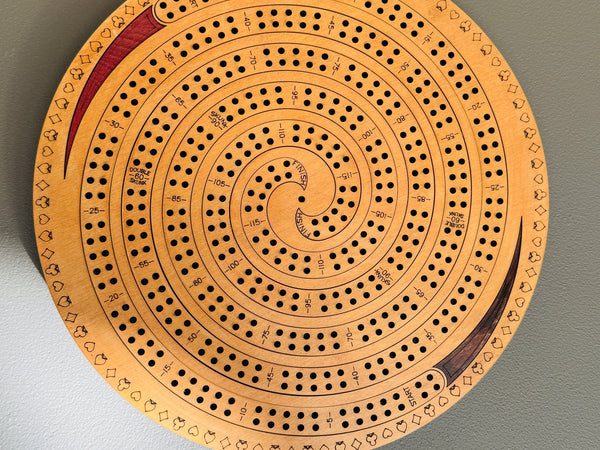 Spiral Cribbage Board – 11 Inch Round, 4 Player Handmade Wooden Game