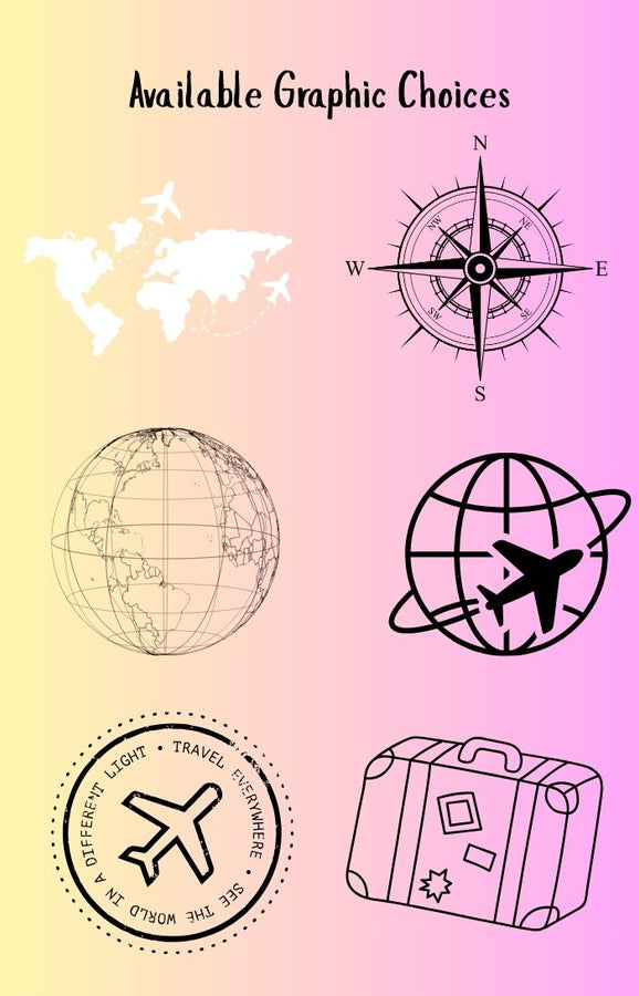 Set of travel-themed graphics including a world map, compass, globe with airplane, and suitcase on a gradient background.