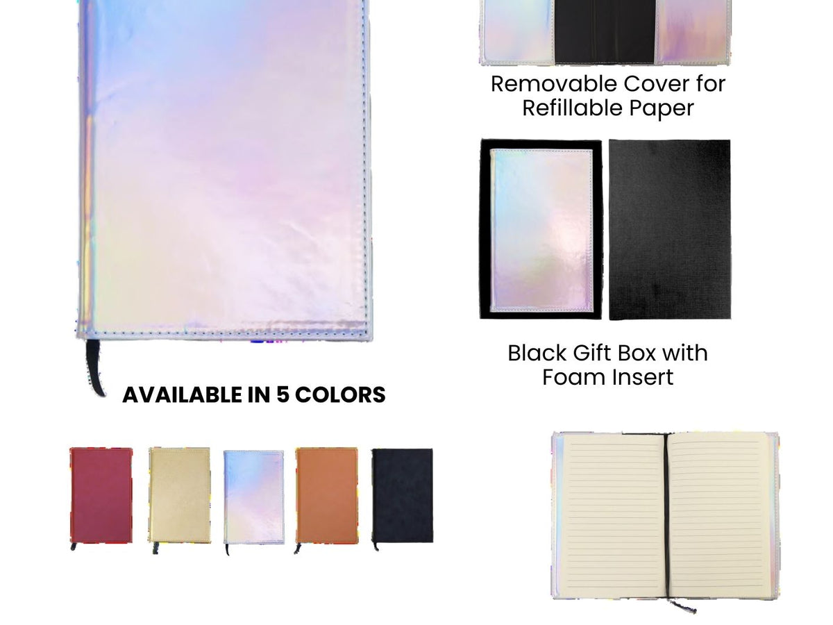Laserette Notebook Journal with holographic cover and removable cover for refillable paper, displayed with product details.