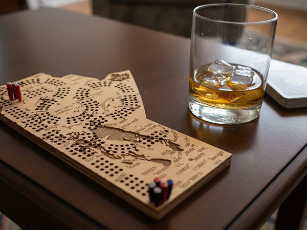 Wooden cribbage board with pegs and a glass of whiskey on a table.