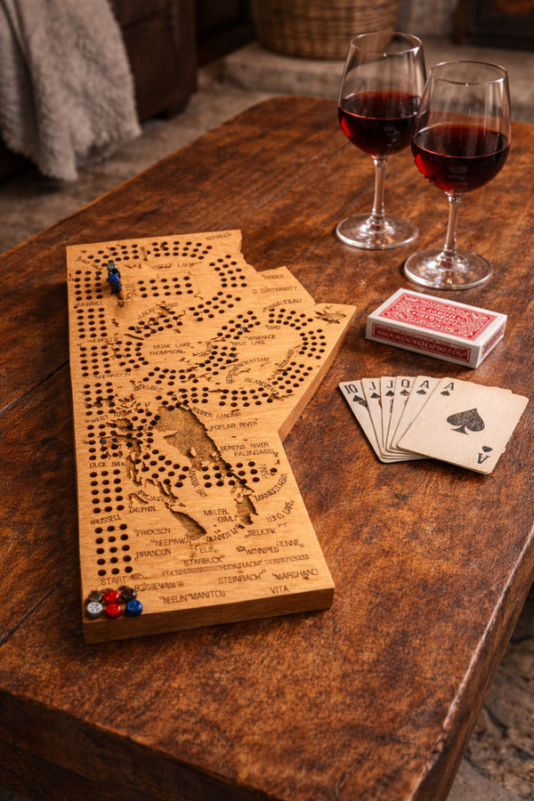 Wooden cribbage board with playing cards and wine glasses on a wooden table.