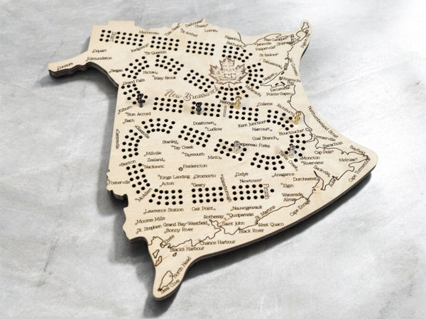 New Brunswick Map Cribbage Board – Handcrafted Wooden Crib Board with Engraved Cities