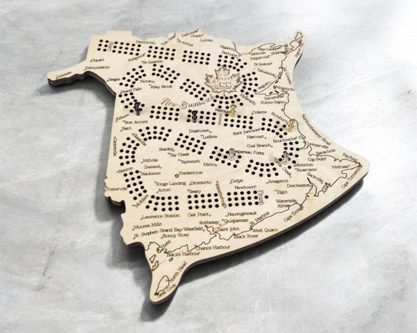 New Brunswick Map Cribbage Board – Handcrafted Wooden Crib Board with Engraved Cities