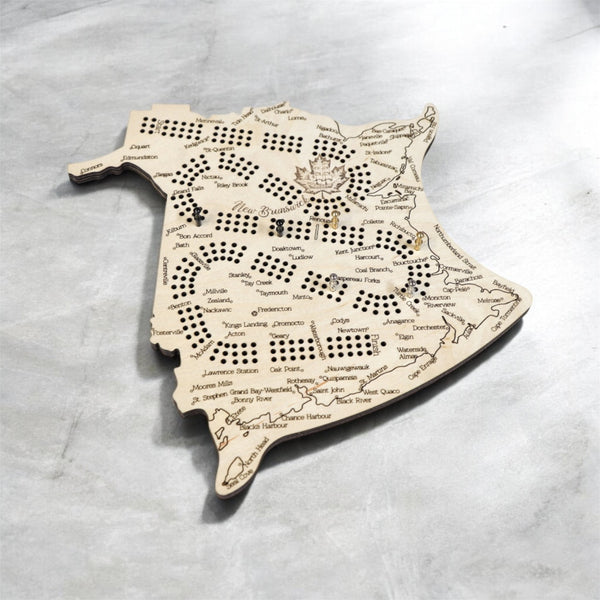 New Brunswick Map Cribbage Board – Handcrafted Wooden Crib Board with Engraved Cities