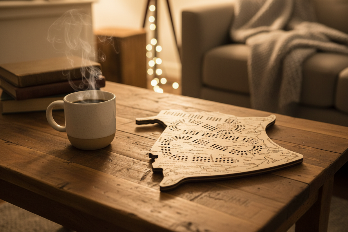 New Brunswick Map Cribbage Board – Handcrafted Wooden Crib Board with Engraved Cities
