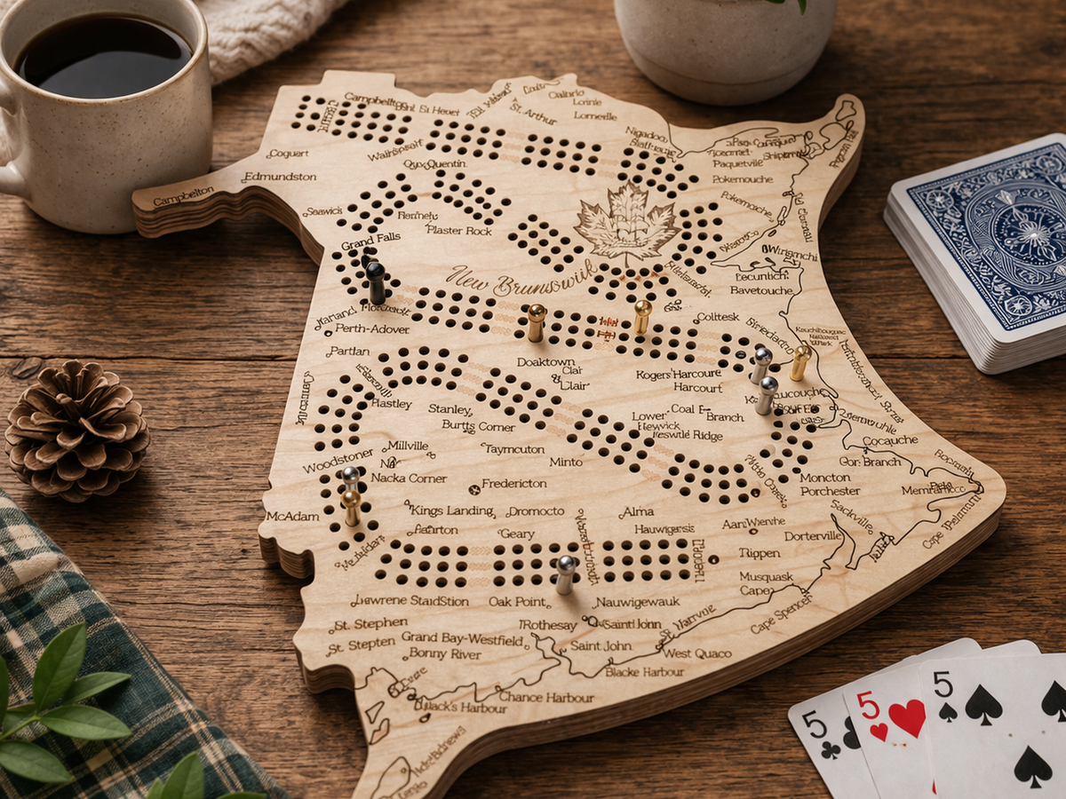 New Brunswick Map Cribbage Board – Handcrafted Wooden Crib Board with Engraved Cities
