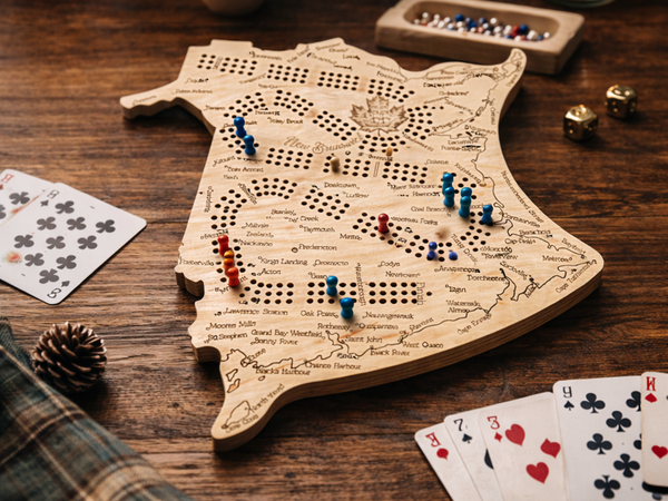 New Brunswick Map Cribbage Board – Handcrafted Wooden Crib Board with Engraved Cities