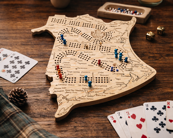 New Brunswick Map Cribbage Board – Handcrafted Wooden Crib Board with Engraved Cities