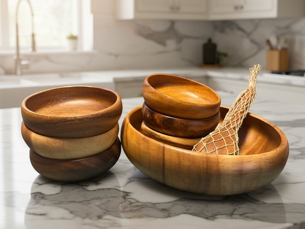 Set of wooden bowls on a kitchen counter