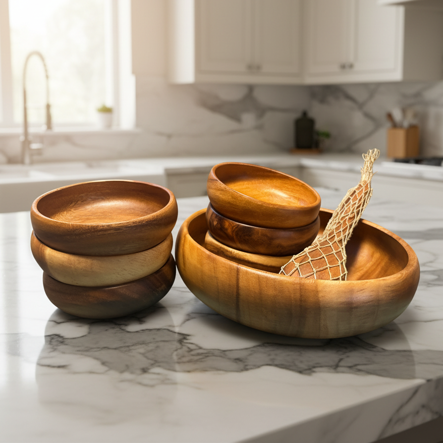 Set of wooden bowls on a kitchen counter