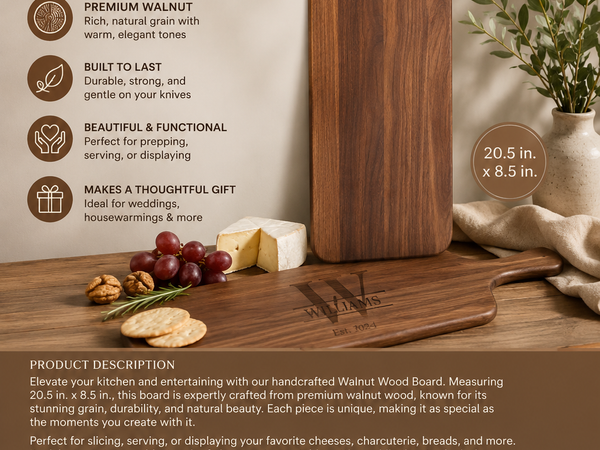 Personalized Large Walnut Charcuterie Board – 20" x 8.5"