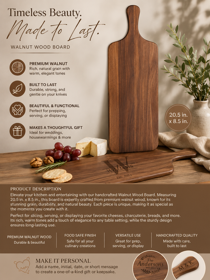 Personalized Large Walnut Charcuterie Board – 20" x 8.5"