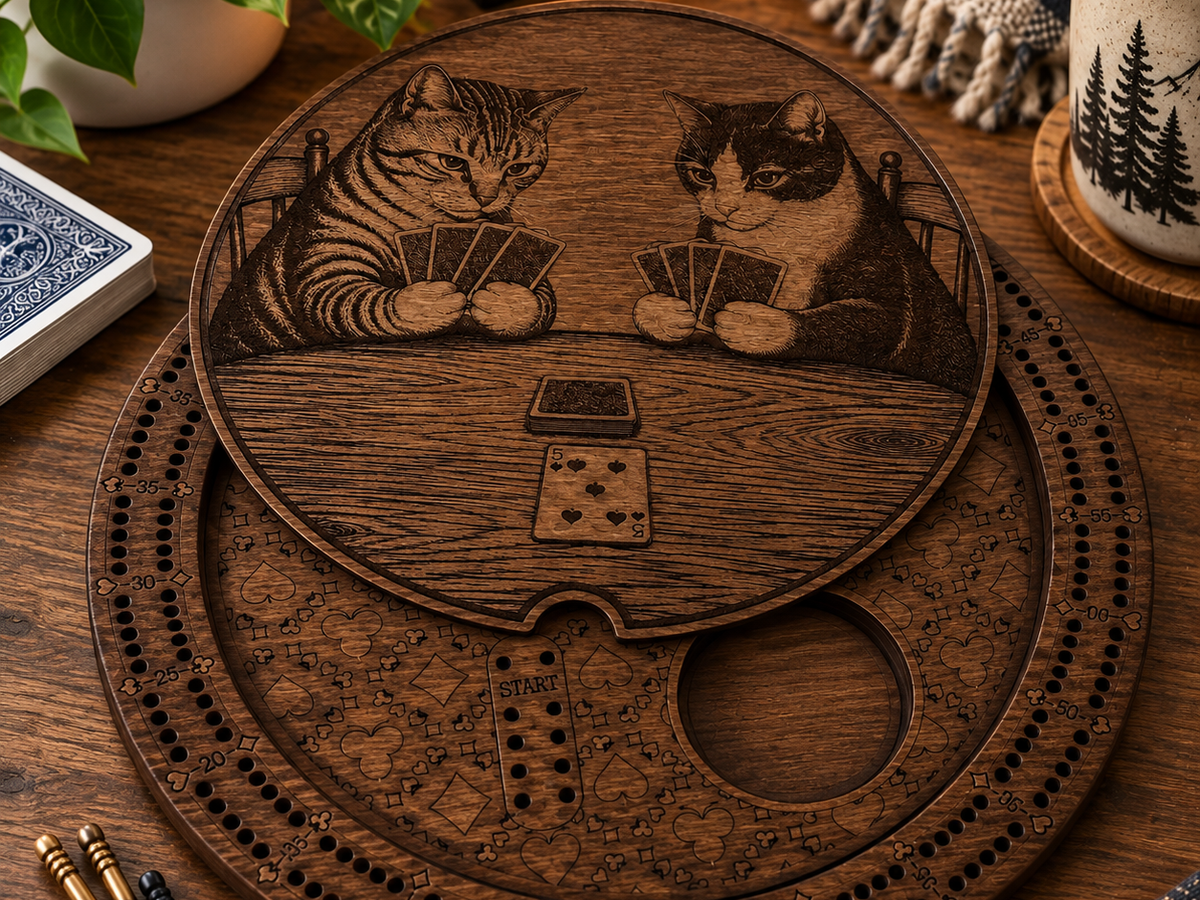 Round Cat Cribbage Board, Handmade Wooden Game Board