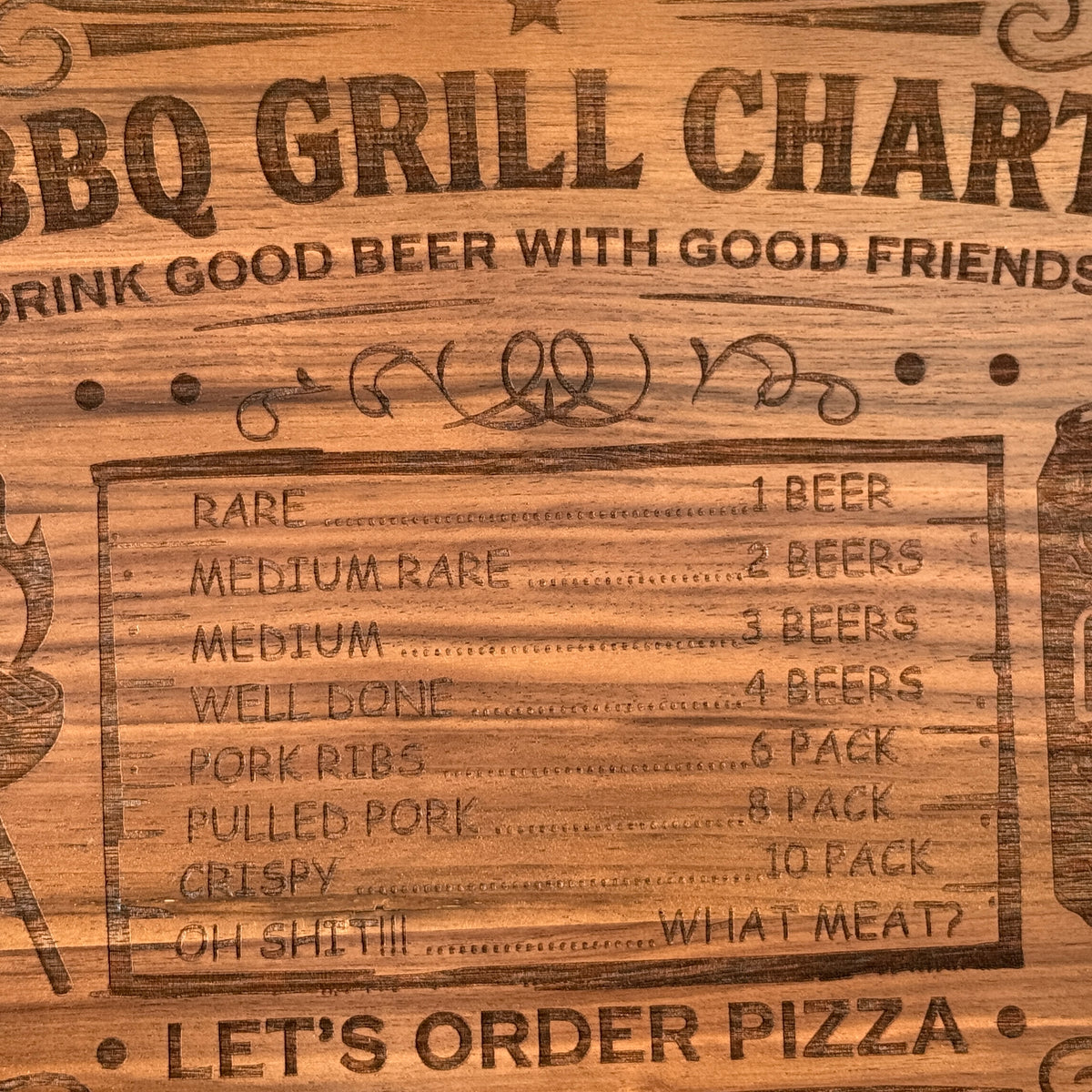 Wooden cutting board with engraved BBQ grill chart and humorous text.