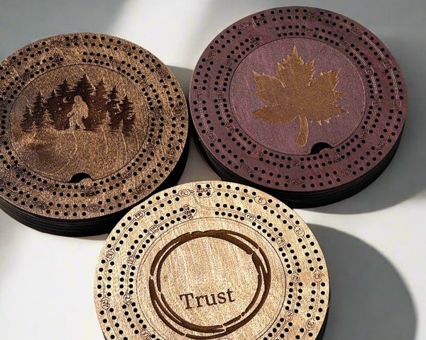 Engraved Small Round Cribbage Board-7.5 inch Wood Game Board