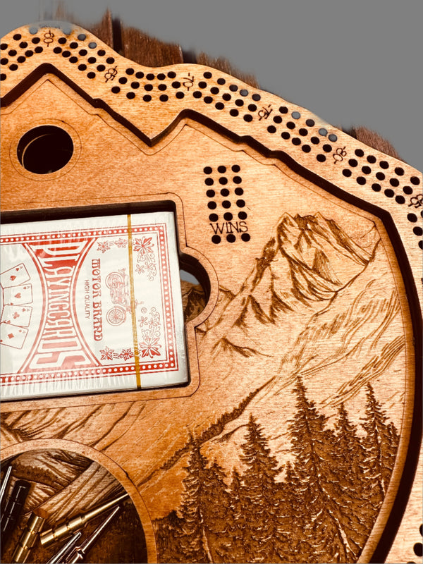 Mountain Design 3-Player Cribbage Board-laser Engraved with Card Holder and Peg Storage