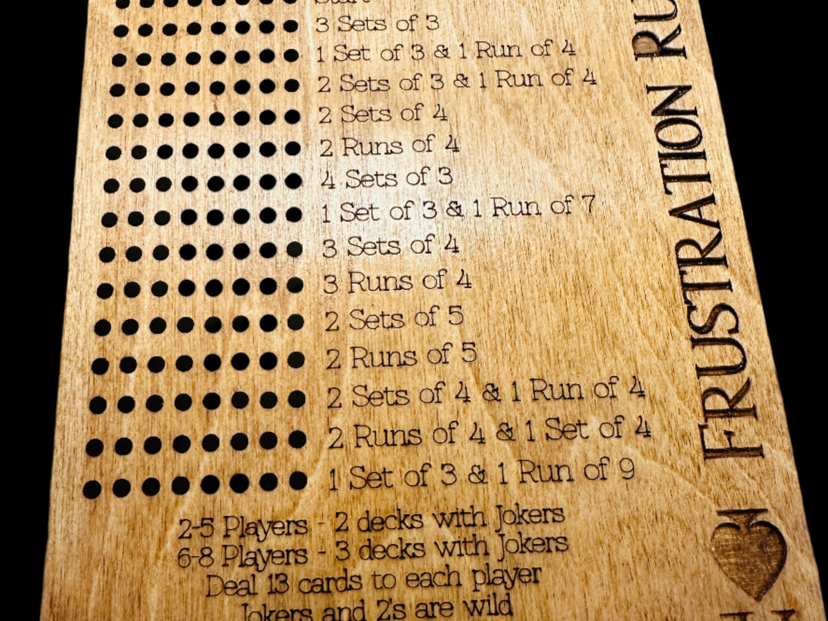 Personalized Frustration Rummy Scoreboard –8 Player- Compact & Travel-Friendly Wooden Game Board