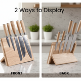 Two views of a knife set on a wooden block with 'Front' and 'Back' labels.