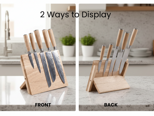 Two views of a knife set on a wooden block with 'Front' and 'Back' labels.