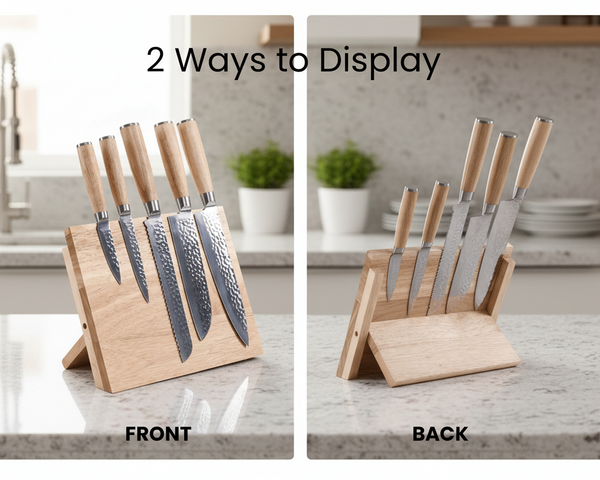 Two views of a knife set on a wooden block with 'Front' and 'Back' labels.