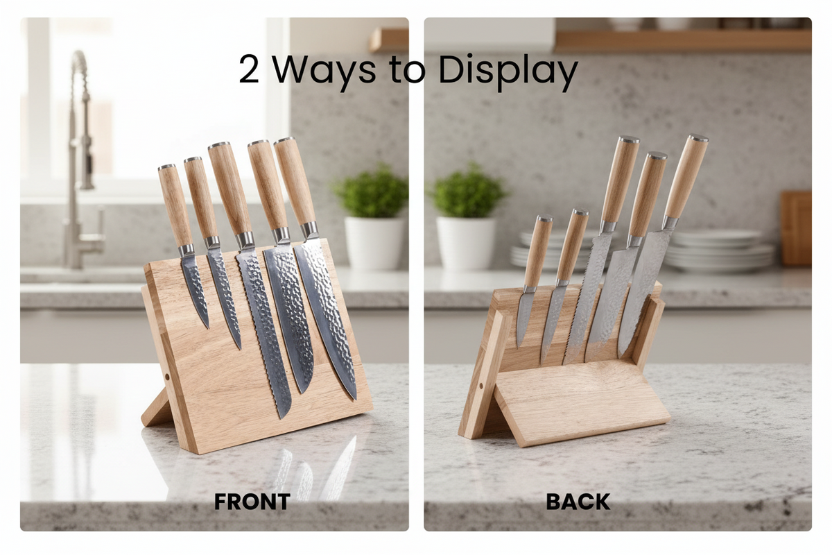 Two views of a knife set on a wooden block with 'Front' and 'Back' labels.
