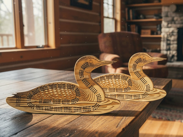 Two wooden duck wall art pieces on a wooden surface