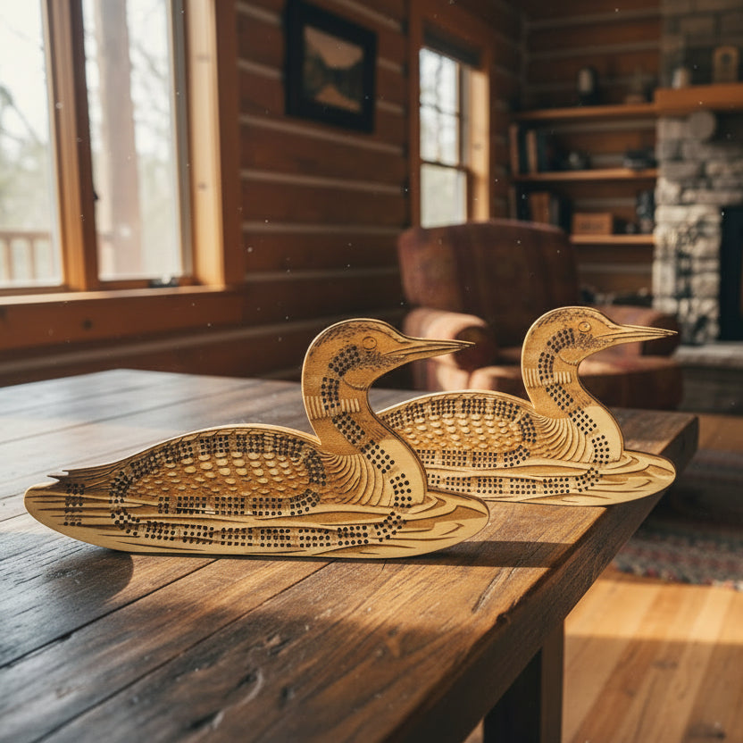Two wooden duck wall art pieces on a wooden surface