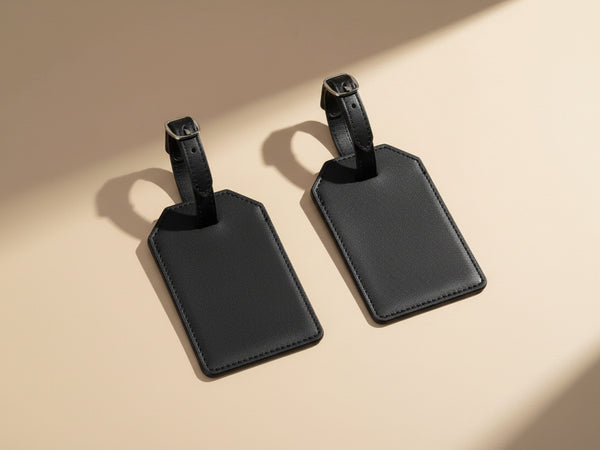 Two black leather luggage tags on a white background