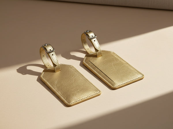 Two gold leather luggage tags on a white background