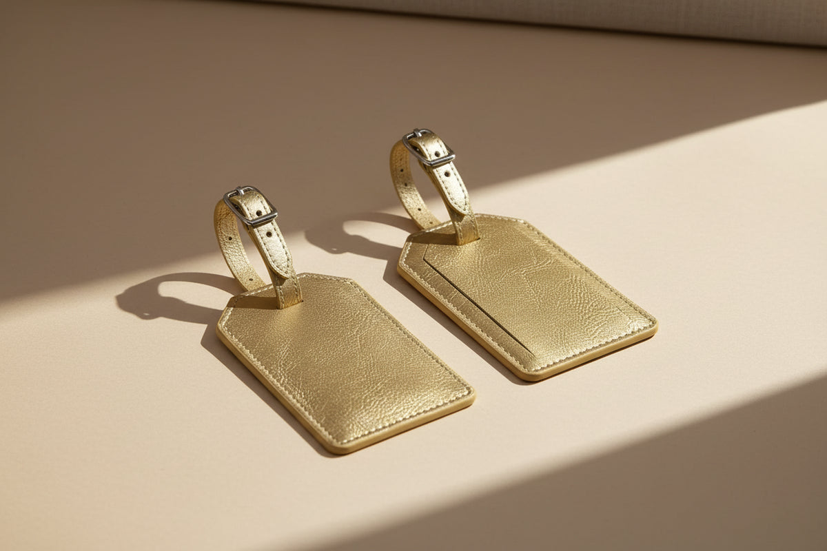 Two gold leather luggage tags on a white background