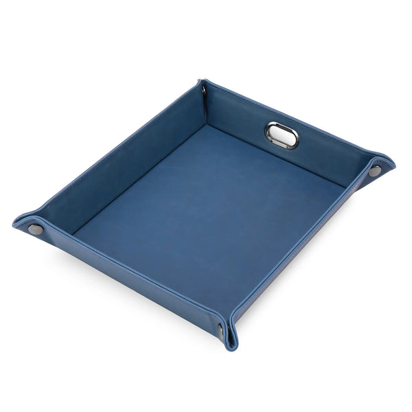 Blue leather tray with metal clips on a white background