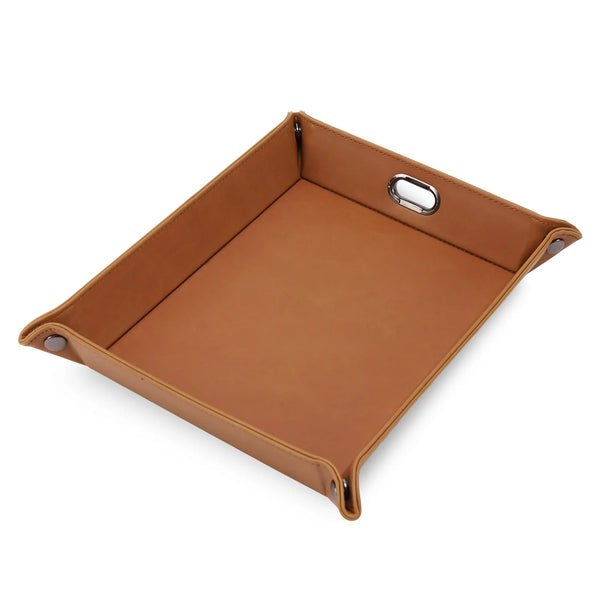 Brown leather tray with a handle on a white background