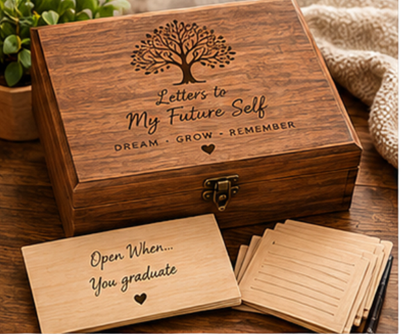 A wooden keepsake box with a tree engraving and the text 'Letters to My Future Self' sits on a wooden table, with a small card reading 'Open When.