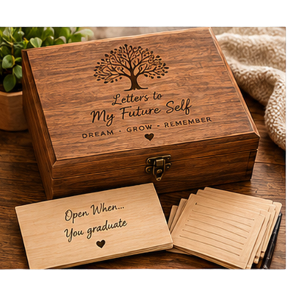 A wooden keepsake box with a tree engraving and the text 'Letters to My Future Self' sits on a wooden table, with a small card reading 'Open When.