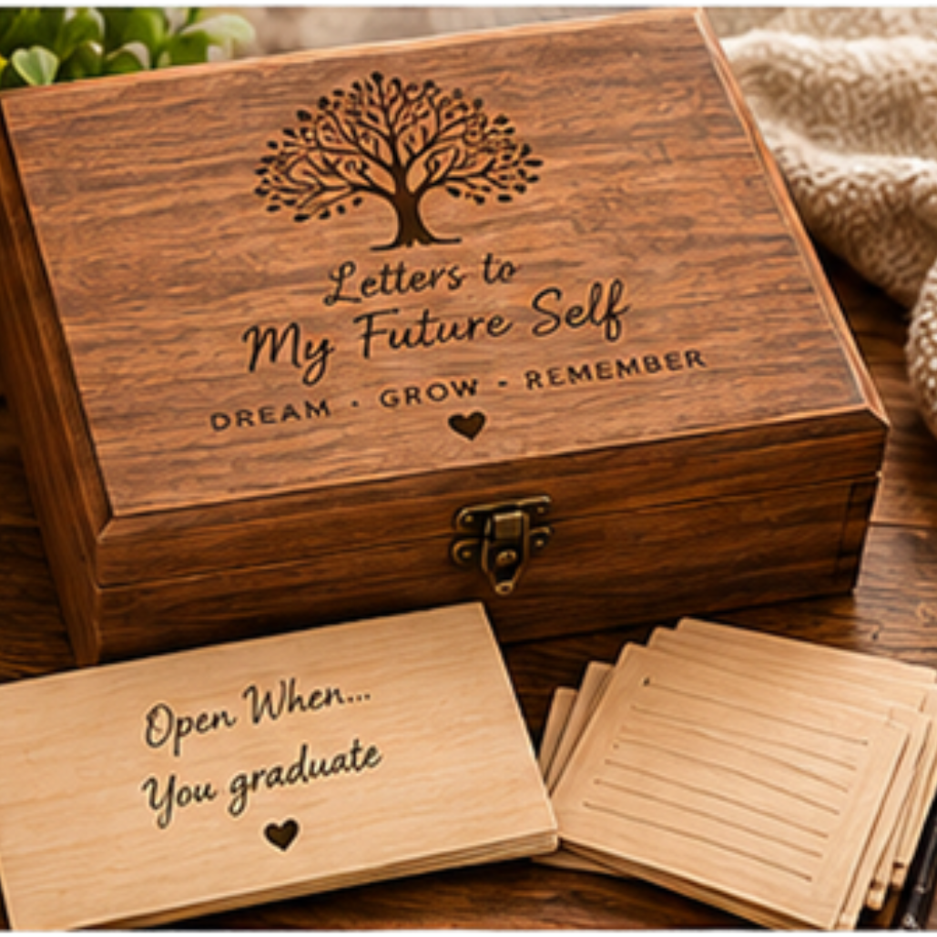 A wooden keepsake box with a tree engraving and the text 'Letters to My Future Self' sits on a wooden table, with a small card reading 'Open When.