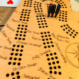 Wooden cribbage board with pegs on a checkered tablecloth