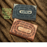 Two wooden cribbage boards on a brown fabric background with text introducing the latest design.