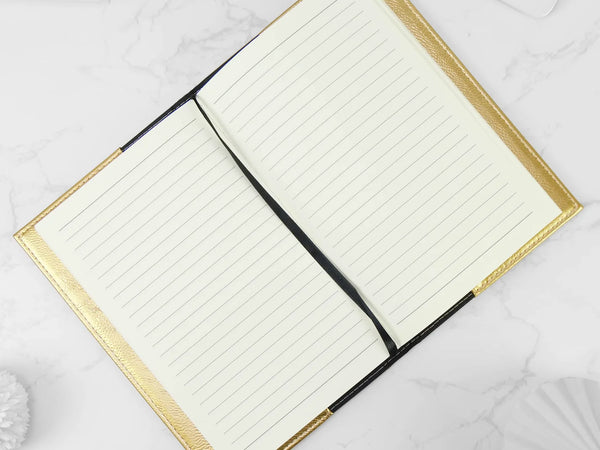 Open notebook with gold edges on a white background
