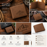 A collage-style product listing for a personalized men's wallet. The main product shown is a brown leather bifold wallet with engraved mountain graphics and the name 'JASON' on the front.