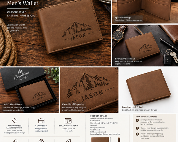 A collage-style product listing for a personalized men's wallet. The main product shown is a brown leather bifold wallet with engraved mountain graphics and the name 'JASON' on the front.