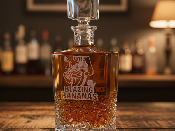 Bottle of Blazing Bananas liquor with a clear label on a wooden surface.
