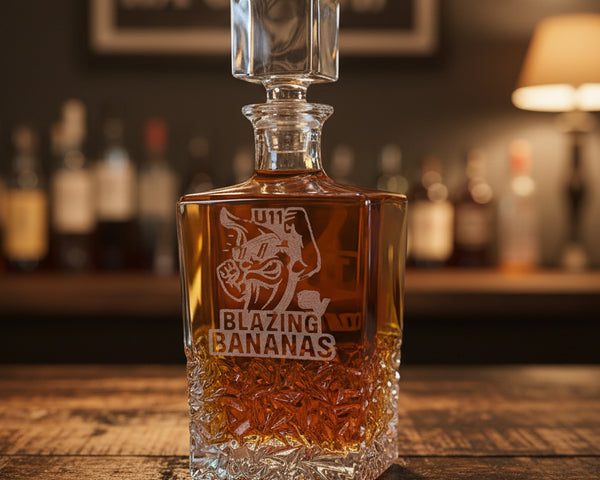 Bottle of Blazing Bananas liquor with a clear label on a wooden surface.