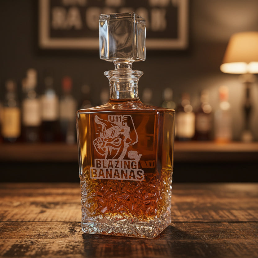 Bottle of Blazing Bananas liquor with a clear label on a wooden surface.